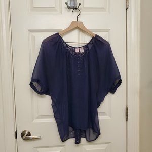 Love on a Hanger Top - Navy Blue Sheer Lace Blouse